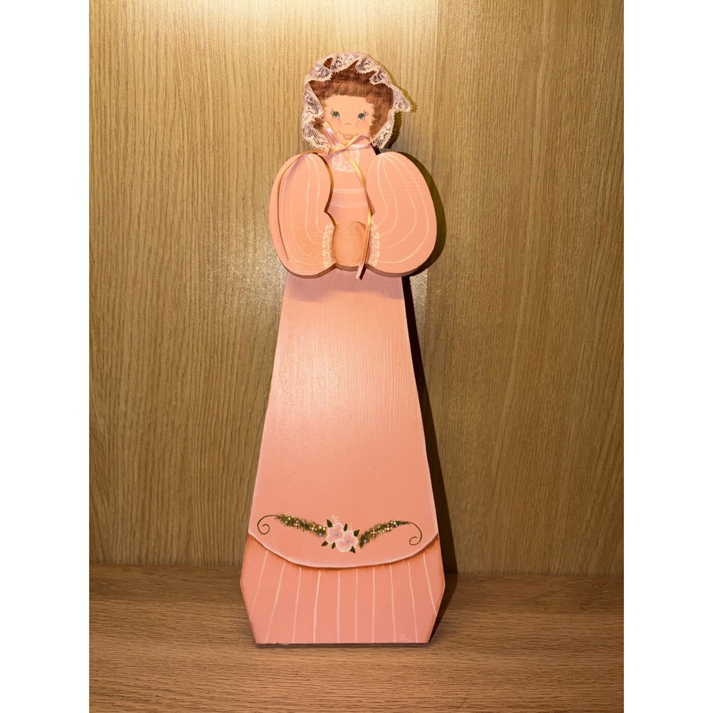 Vintage Hand Painted Wooden Girl Figurine Pink Lace Bonnet Folk Art Decor 12.5"